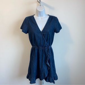J Crew Mercantile Blue Chambray Dress Faux Wrap Ruffle Size XS Short Sleeve